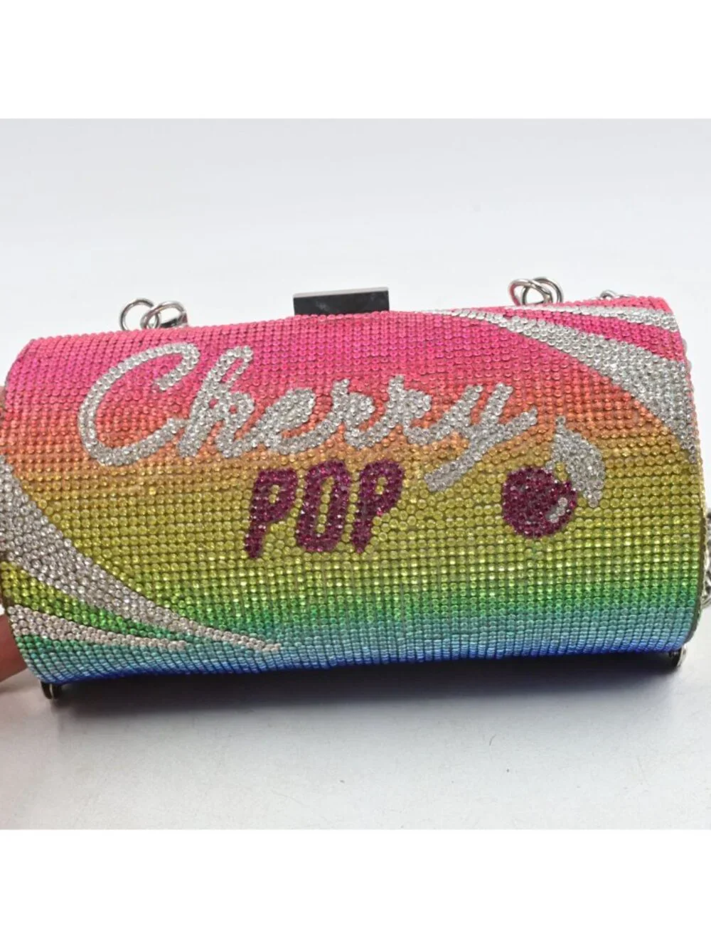 Cherry Pop Rhinestone Clutch Bag Rainbow Crystal Soda Can Evening Purse